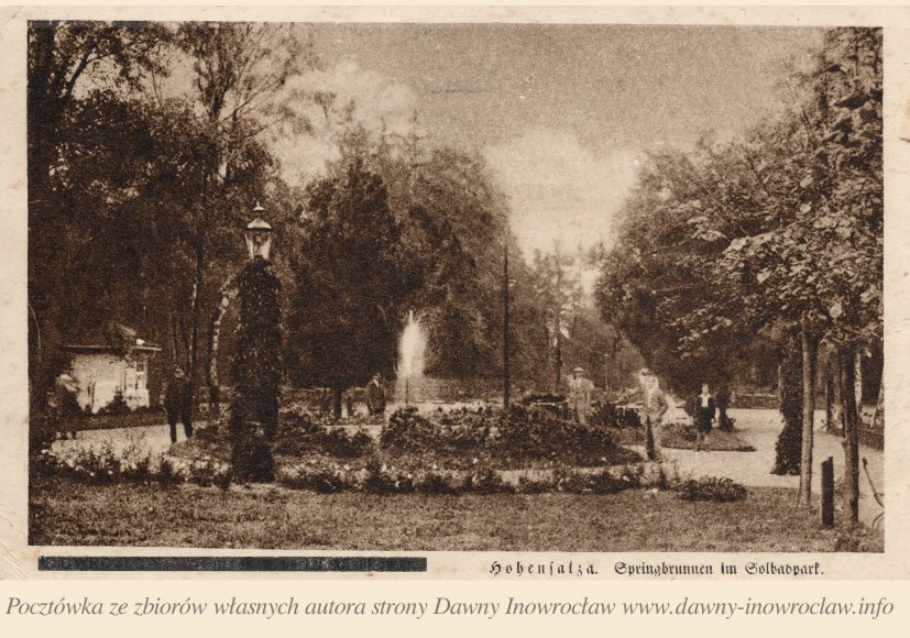 Fontanna w parku Solankowym - 9 maja 1910 roku - Inowrocław. Fontanna w parku Solankowym.
Pocztówka wysłana 9 maja 1910 roku.
Nakł. F. Ustasiaka. Inowrocław.
Hohensalza. Springbrunnen im Solbadpark.