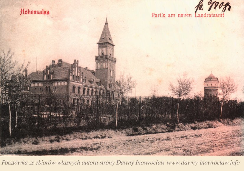 Starostwo - 2 września 1908 roku - Inowrocław. Starostwo
Hohensalza. Partie am neuen Landratsamt.
Pocztówka wysłana 2 września 1908 roku.