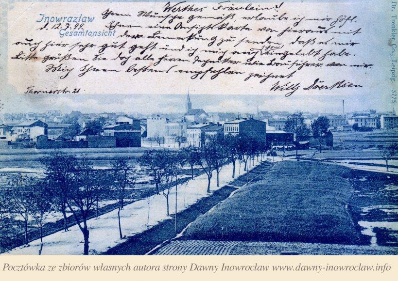 Widok na ulicę Świętego Ducha - 12 lipca 1899 roku - Inowrocław. Widok na obecną ulicę Świętego Ducha.
Pocztówka wysłana 12 lipca 1899 roku.
Dr. Trenkler Co., Leipzig. 5775
Inowrazlaw. Gesamtansicht.